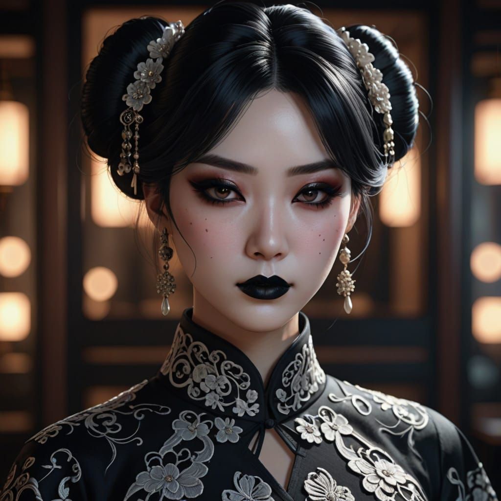 Goth Girl in Elegant Qipao with Dramatic Makeup