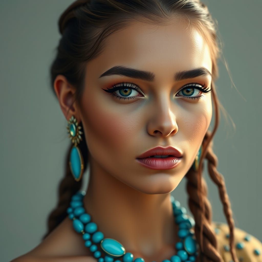 Stunning Woman in Turquoise Jewelry, 8k Portrait