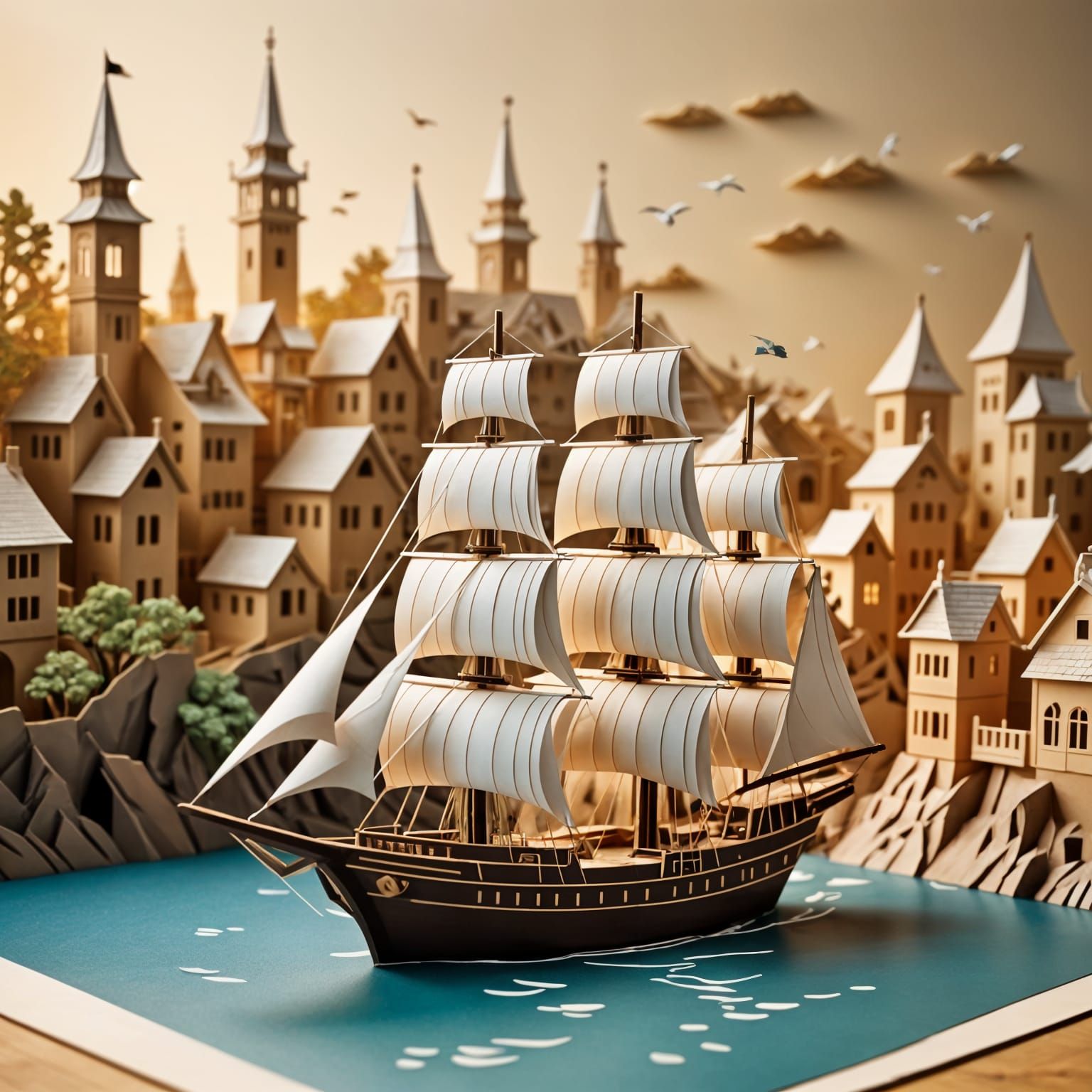 Paper Art Sailing Scene with Intricate Kirigami Details