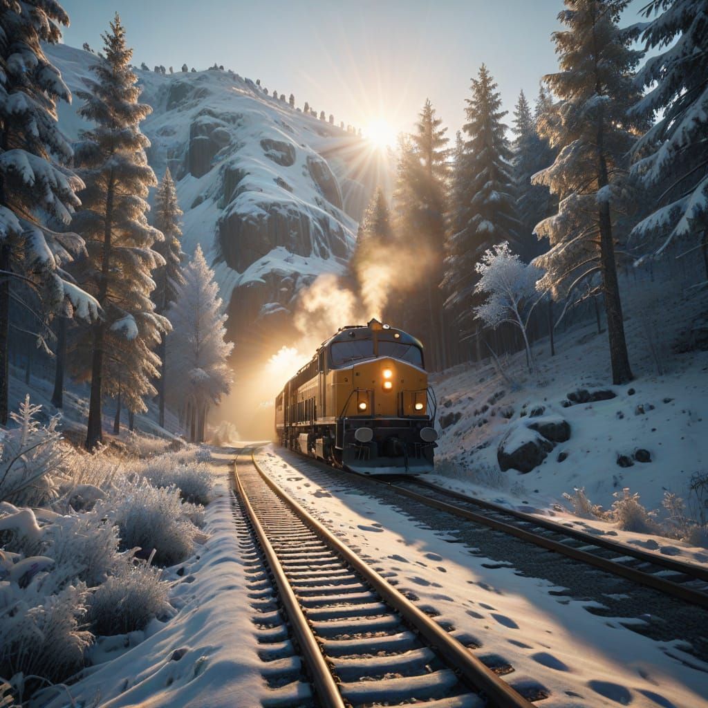 Train Chugs Along Snowy Slope in Cinematic Winter Landscape