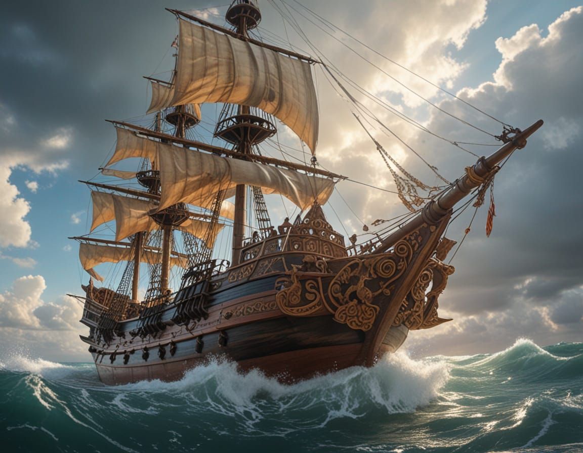 Spanish Galleon's Majestic Bow Unfolds in Divine Light