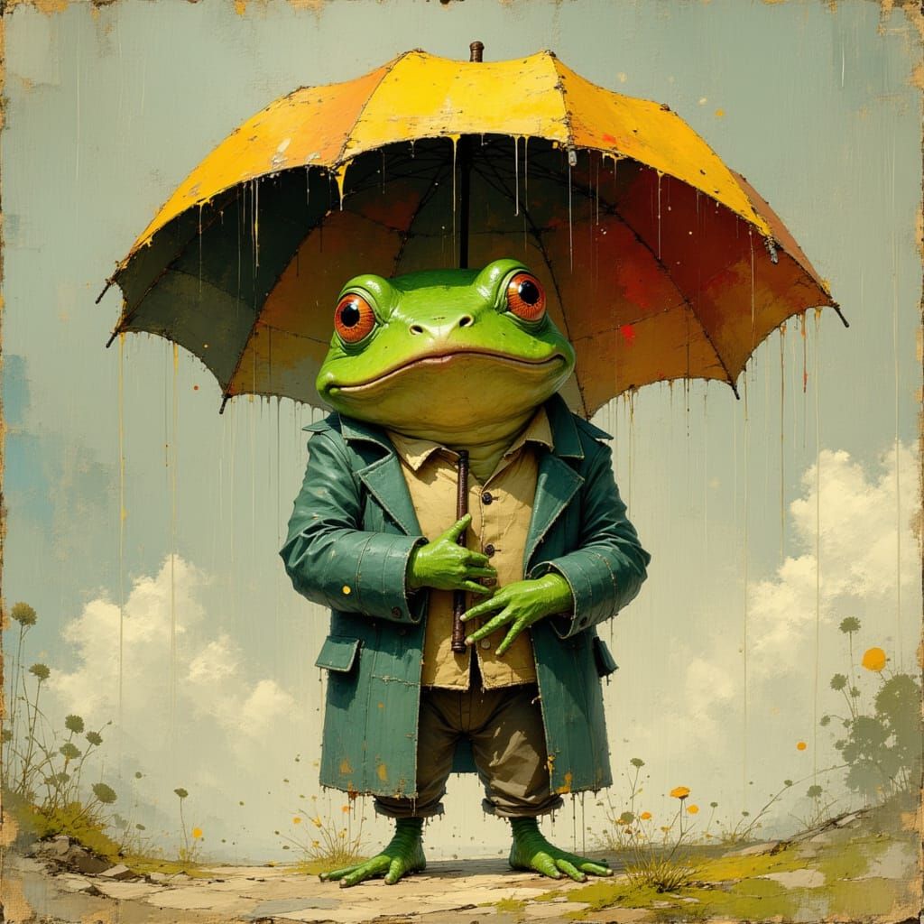 Suited Frog Caught in Rain, Beatrix Potter Style