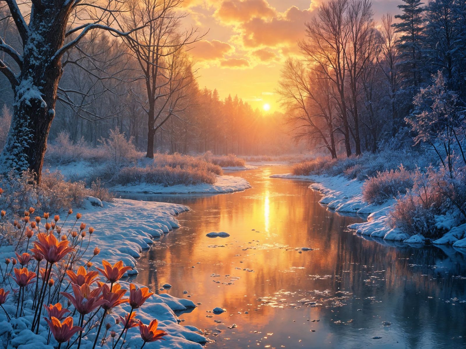 Golden Sunset Reflected in Frozen River: Gothic Art