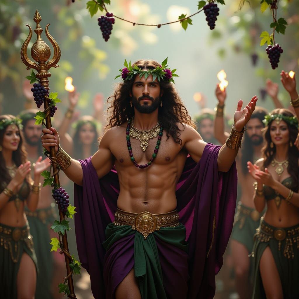 Radiant Dionysus Emerges from Bacchic Revelry