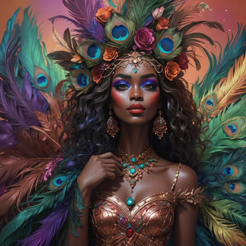 Peacock Haired Woman with Rose Gold Skin, Digital Art