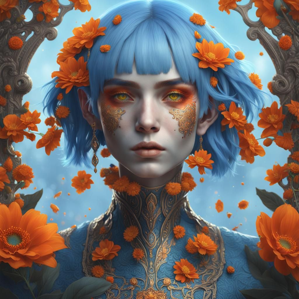 Pale Girl with Orange Flowers, Digital Art