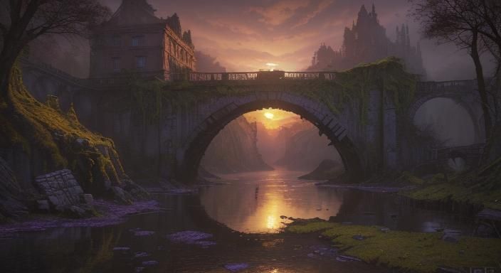 Mossy Ruined Bridge Sunset: Dark Fantasy Art