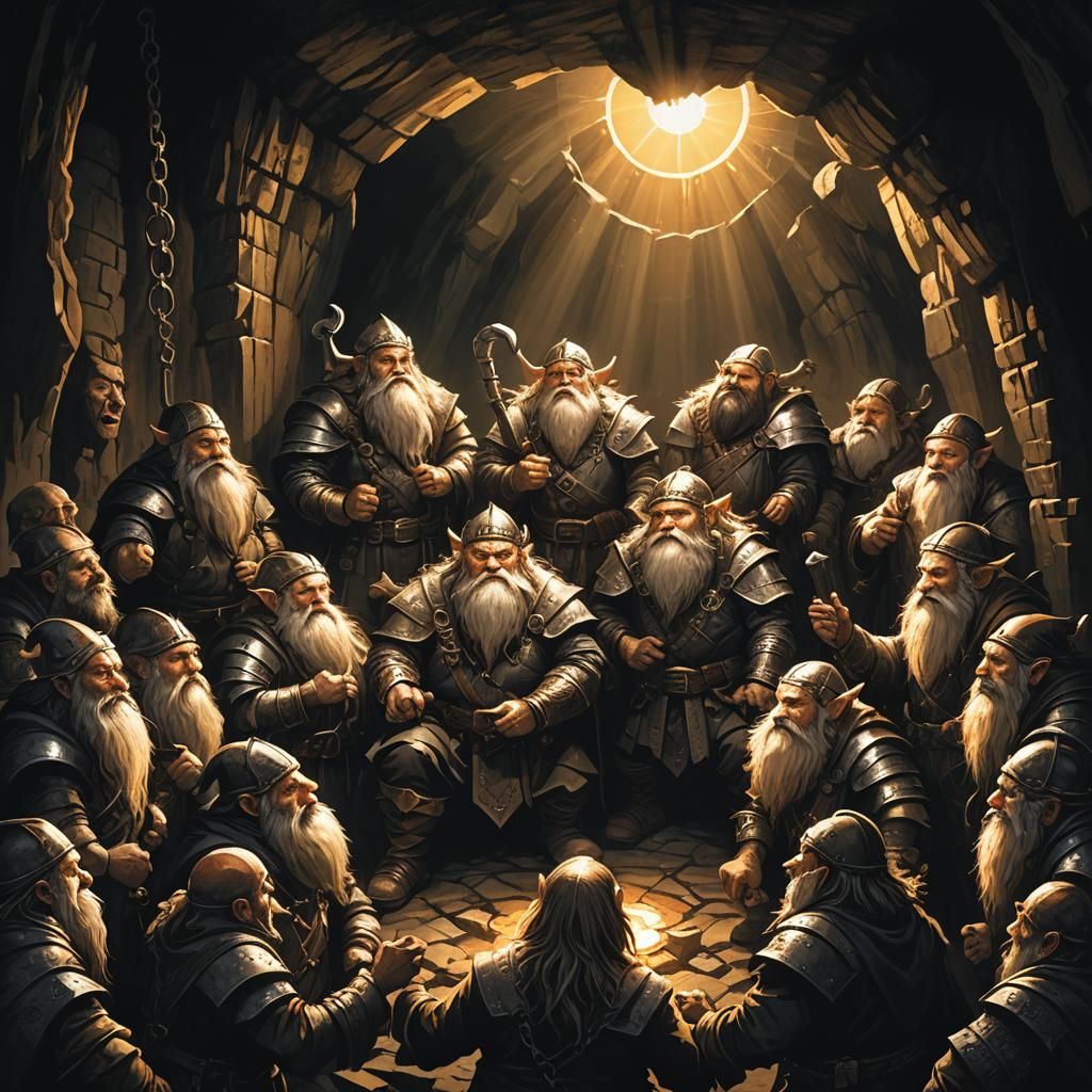 Dark Fantasy: Dwarves in Chains Under Glimmering Sunlight