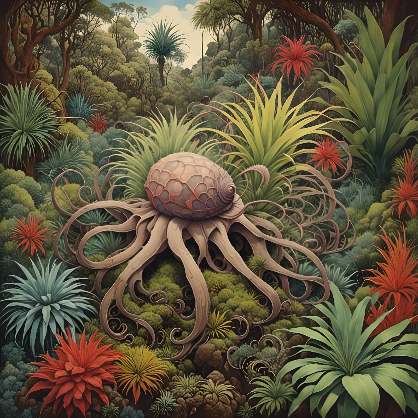 Giant Tillandsia Amongst Bromeliads in Cubist Style