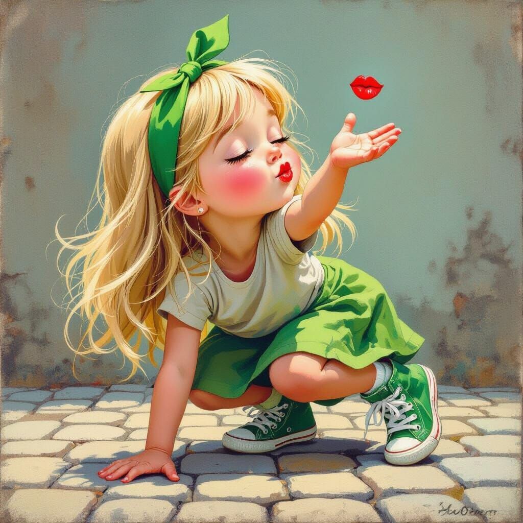 Whimsical Child Blowing a Kiss in Storybook Style