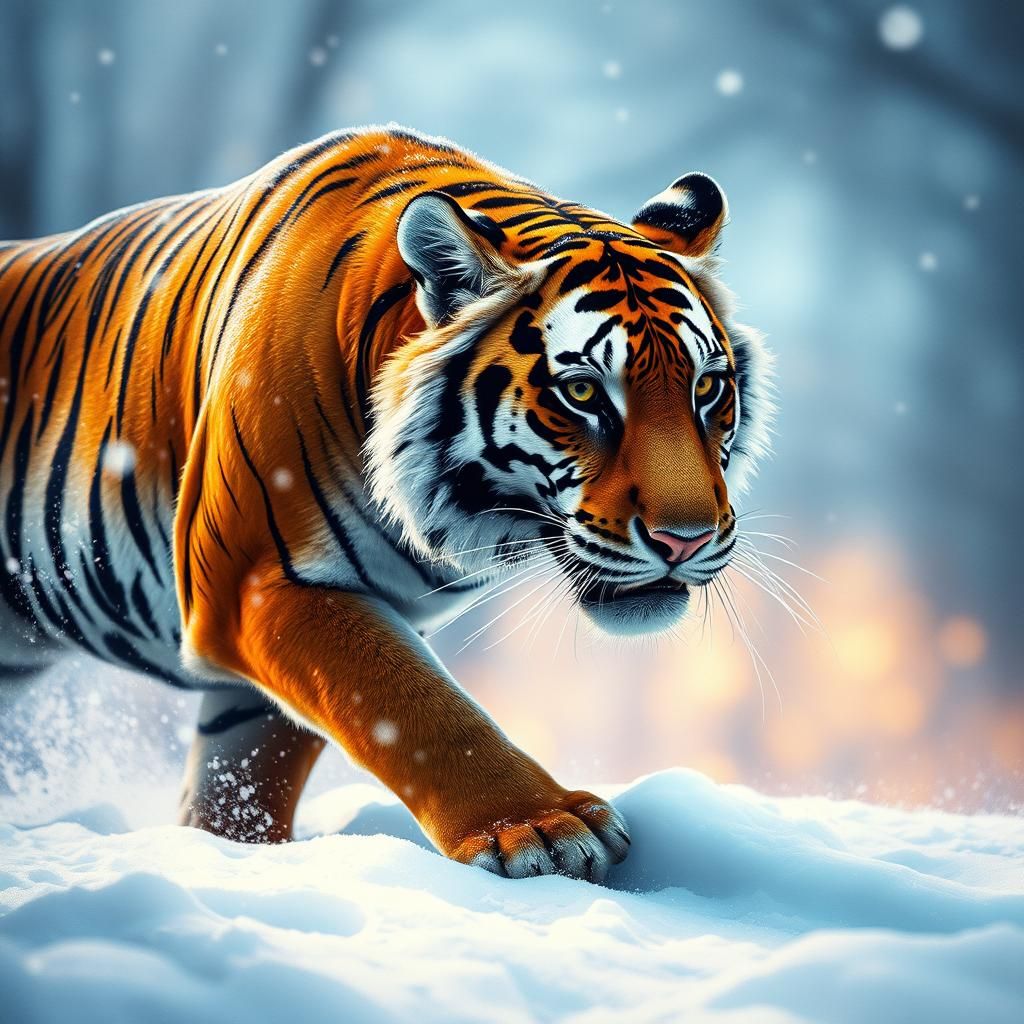 Hyperrealistic Tiger Prowling in Snow, Splash Art