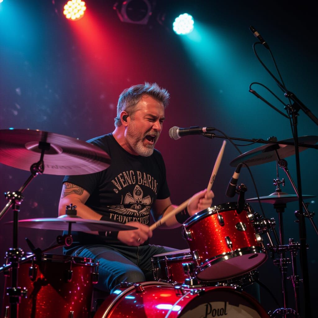 Energetic Rocker Drummer in Neon Light