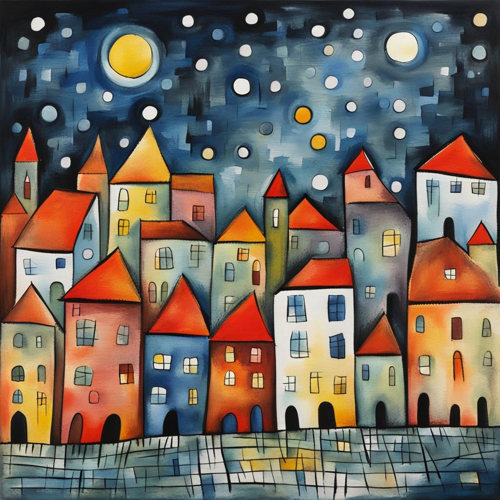 Night Townscape Painting in Style of Paul Klee