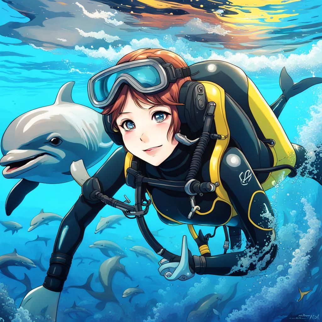 Girl Swimming with Dolphins in Anime Style