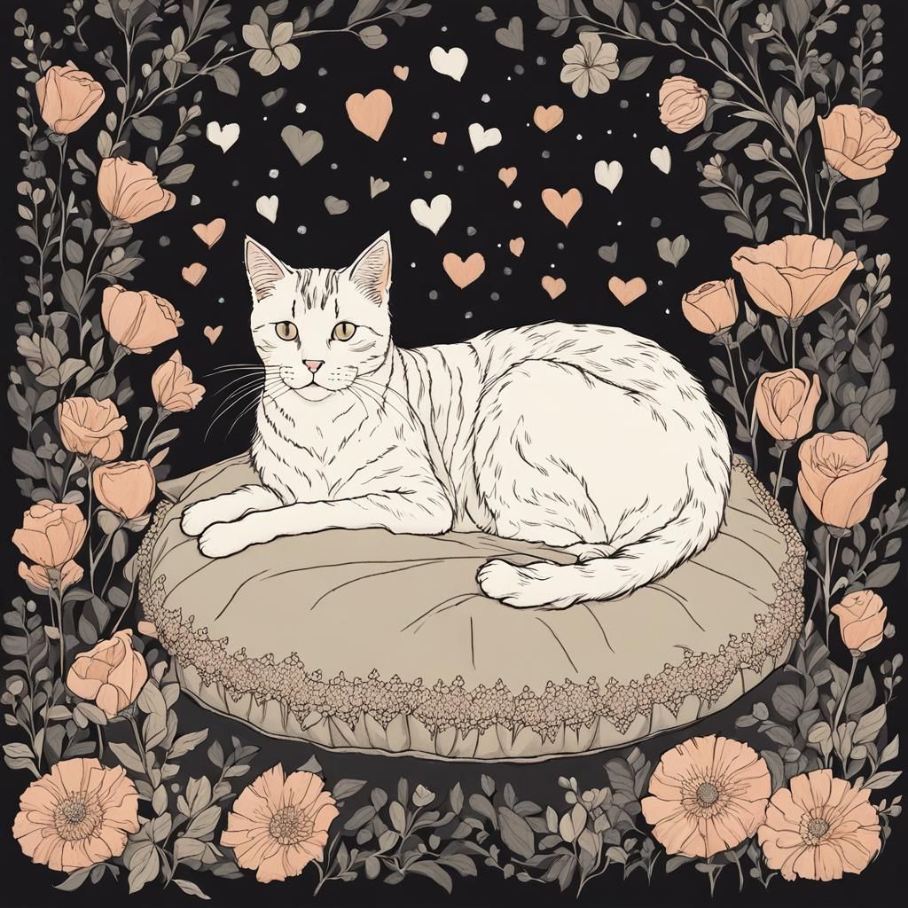 Cute Cat Surrounded by Flowers in Dark Fantasy Style