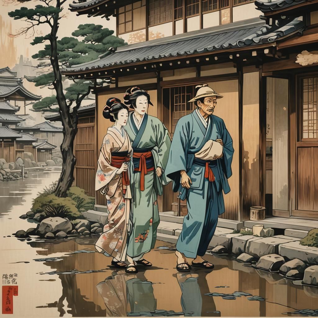 Japanese Girl and Father in Ukio-e Style