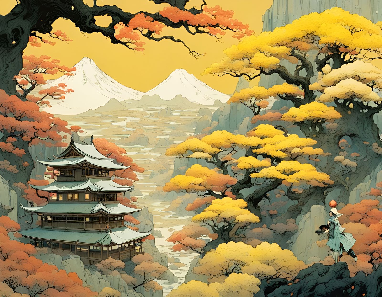 Japanese Landscape in Aureolin Palette