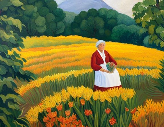 Elderly Woman Surrounded by Greenery in Impressionist Style