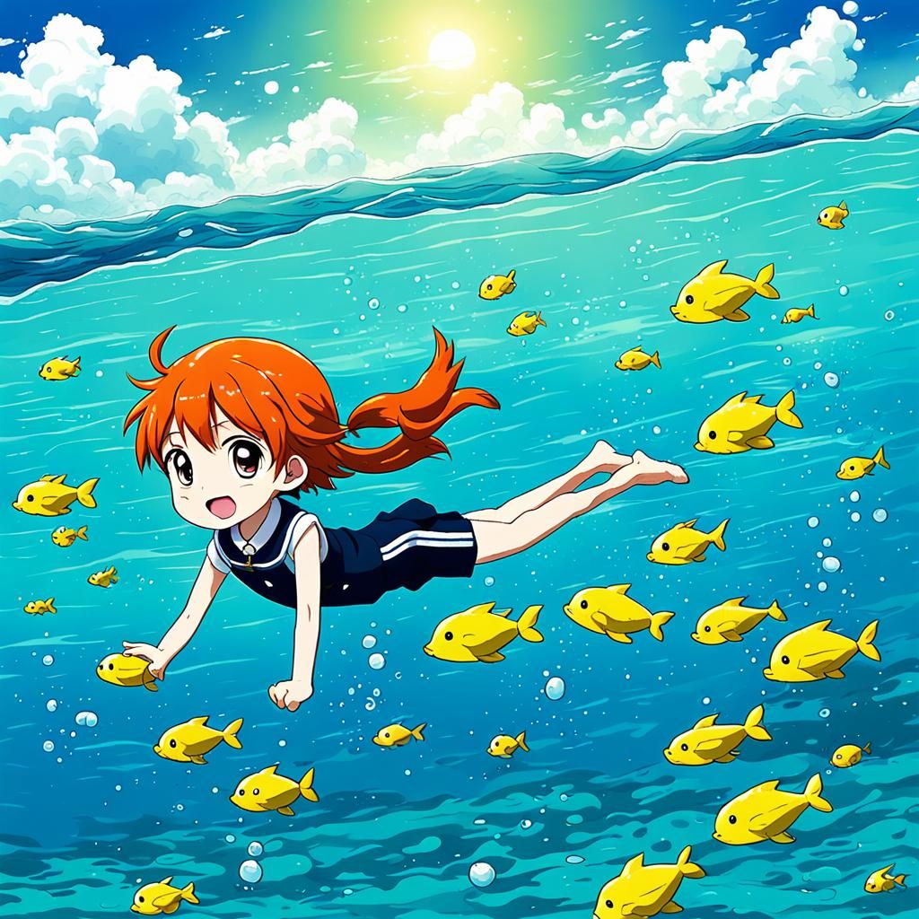Calf Swimming in Caribbean Sea: Anime Style