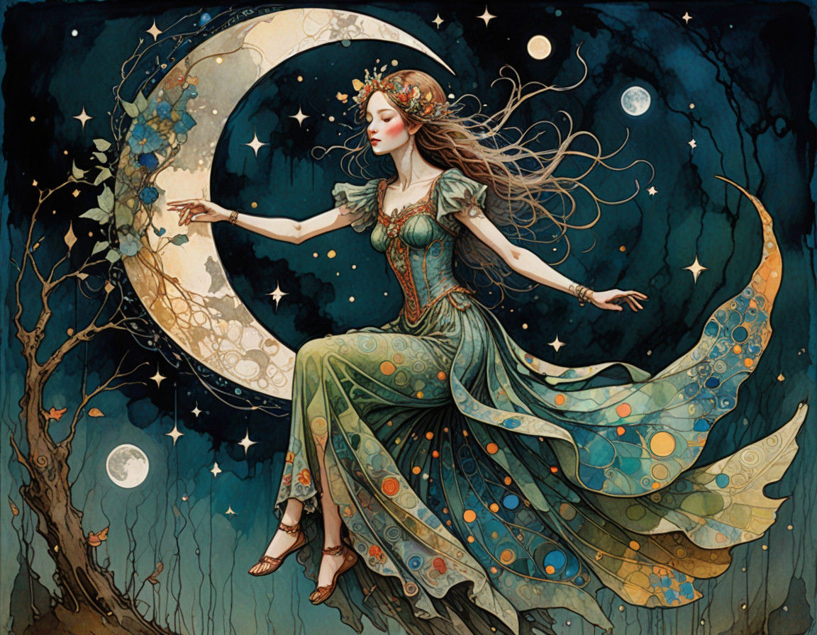 Fairy in Art Brut Style Holding the Moon with Vintage Nostal...