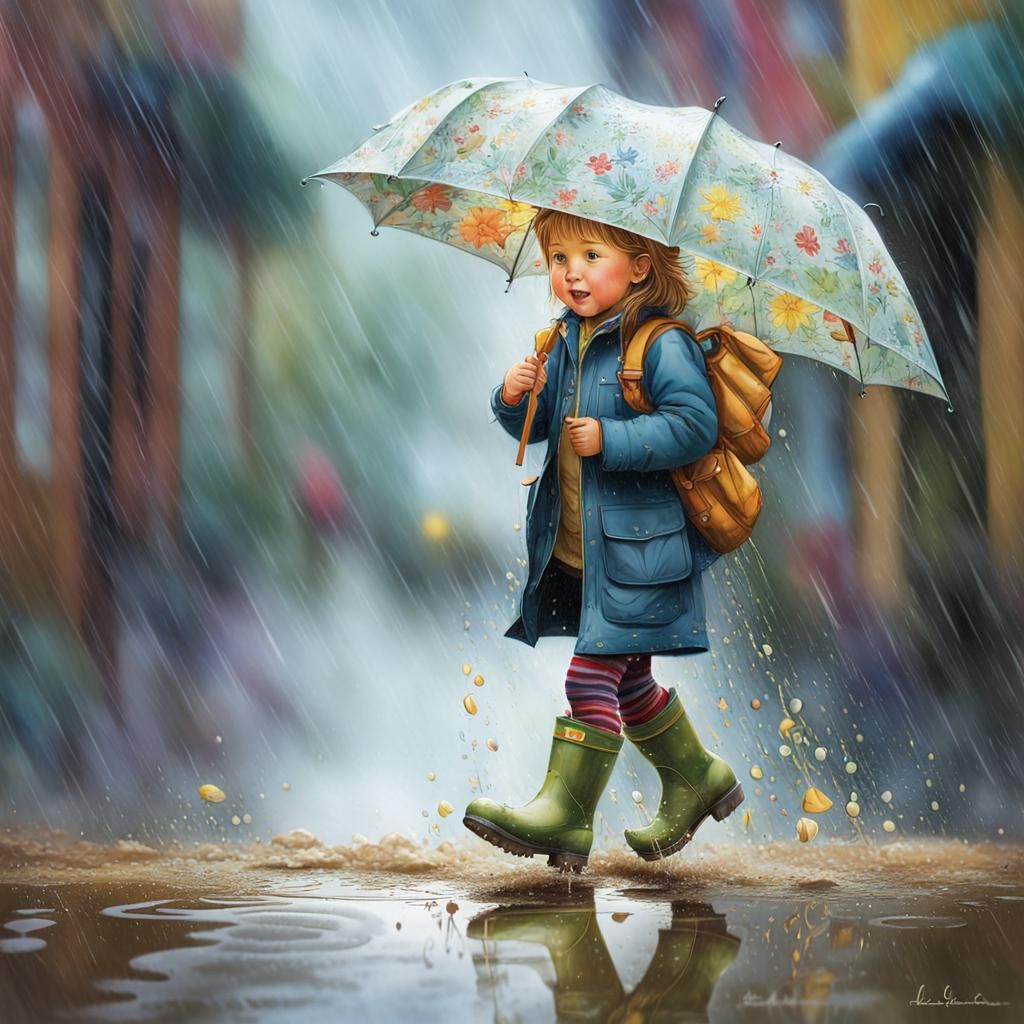 Child Splashing in Puddle: Hyperrealistic Splash Art