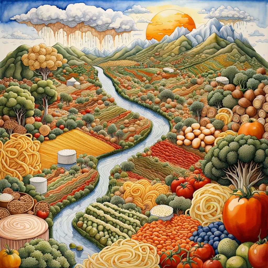 Food Art Landscape with Broccoli Trees and Cake Mountains