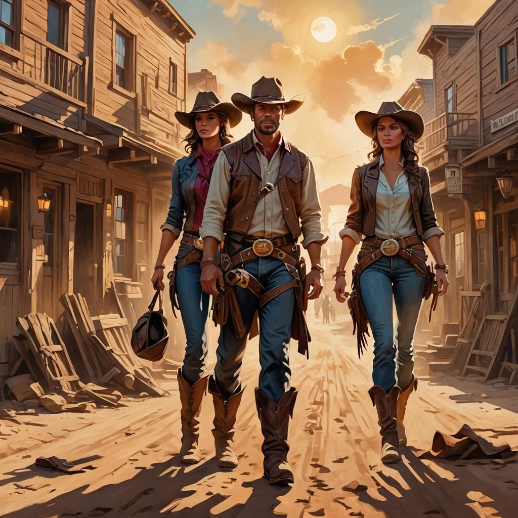 Cowboy and Cowgirl in Western Sunset, Digital Art