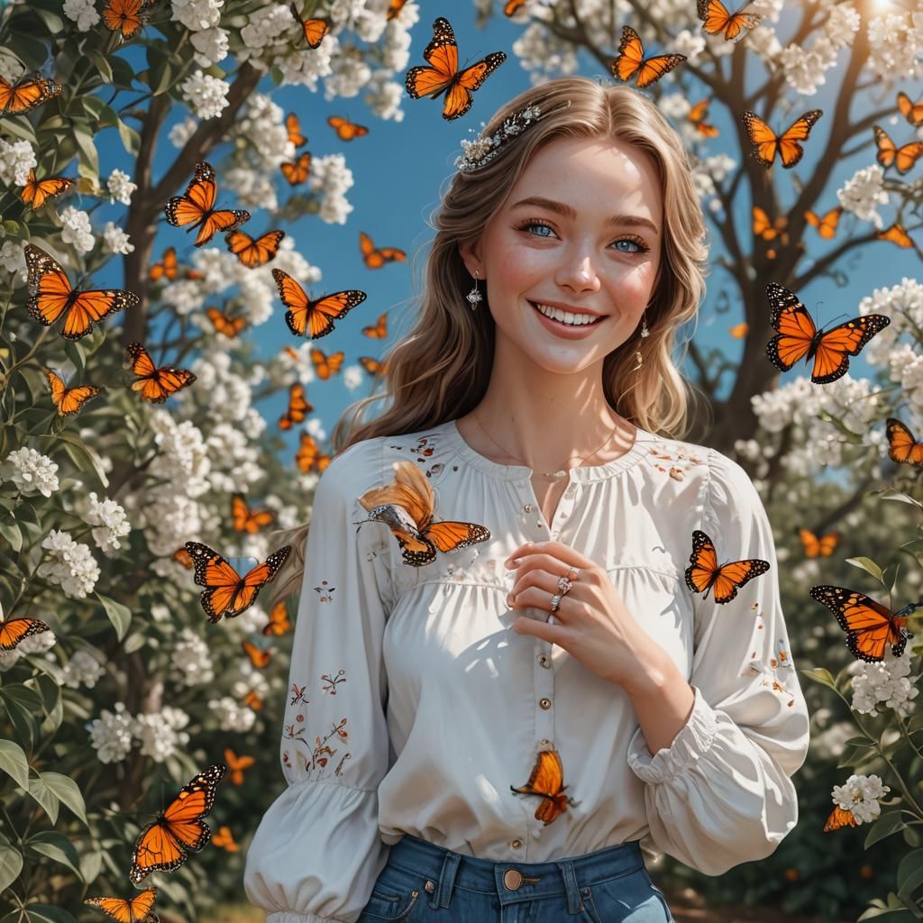 Stunning Blue-Eyed Woman with Butterfly Top Holding Ring