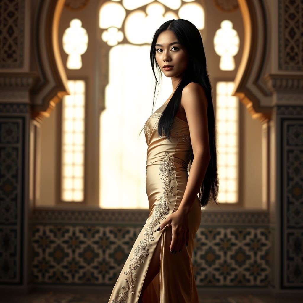 Tibetan Woman in Silk Gown, Photorealistic Portrait