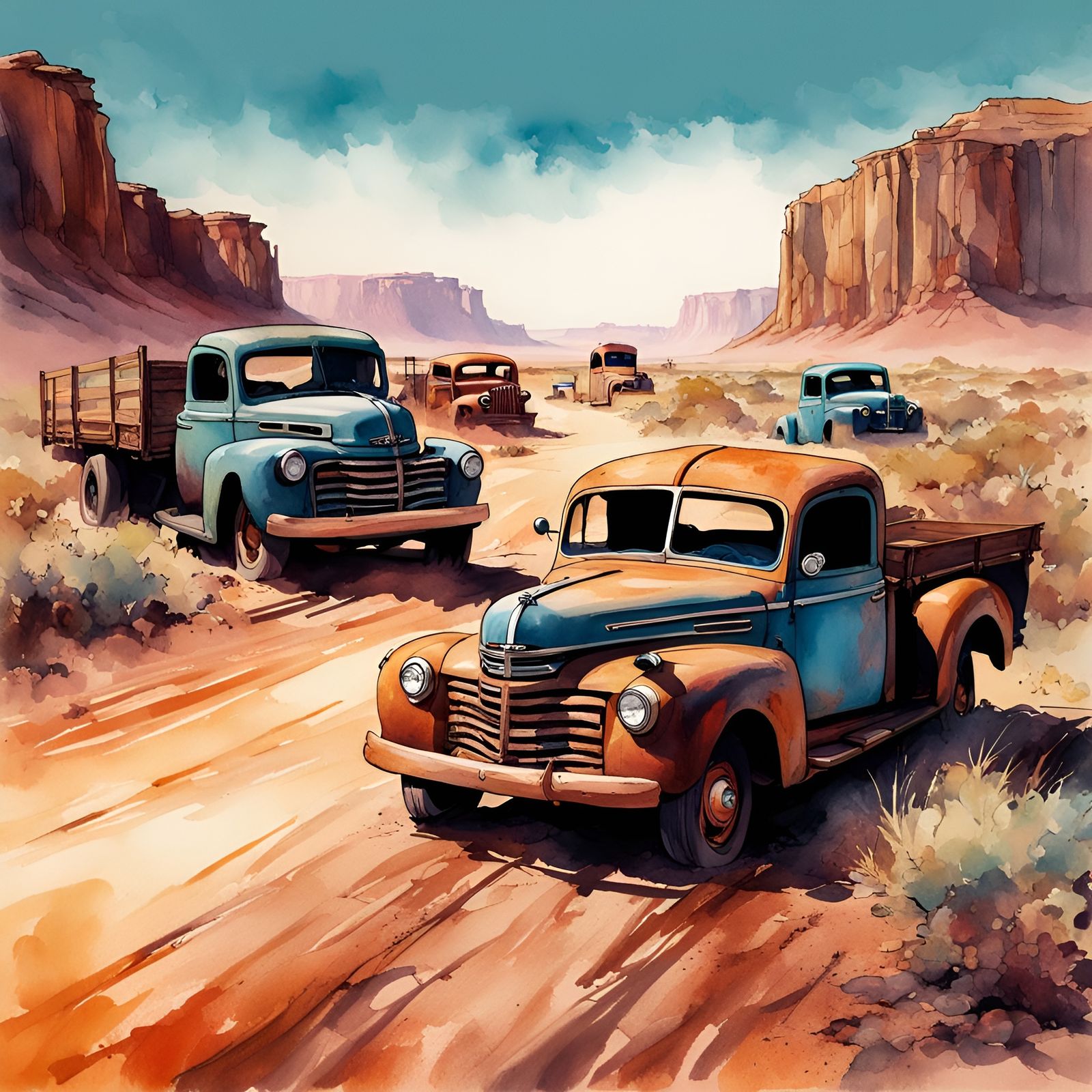 Desert Highway: Abandoned Cars in Watercolor Style