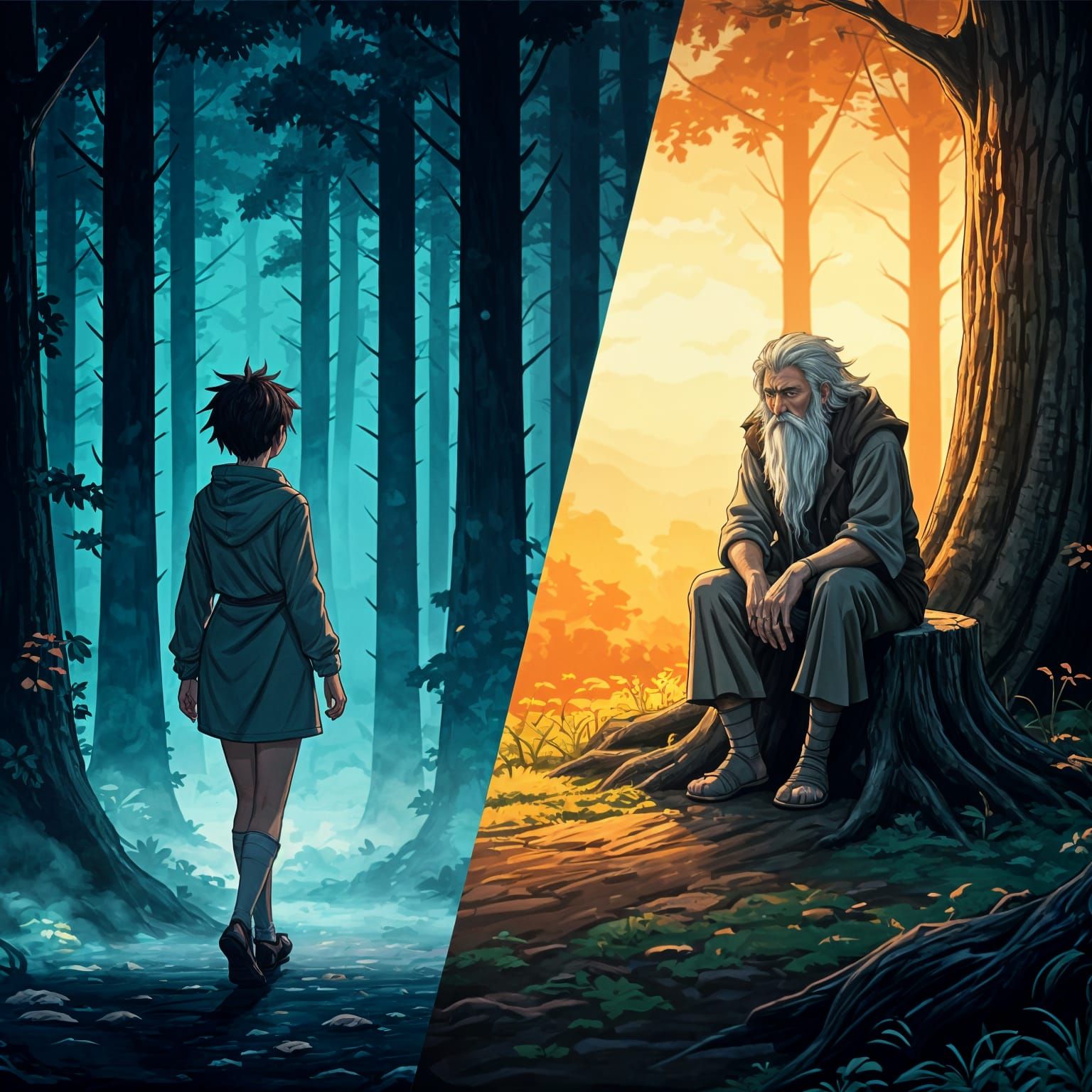 Anime Split Screen: Woman in Foggy Forest