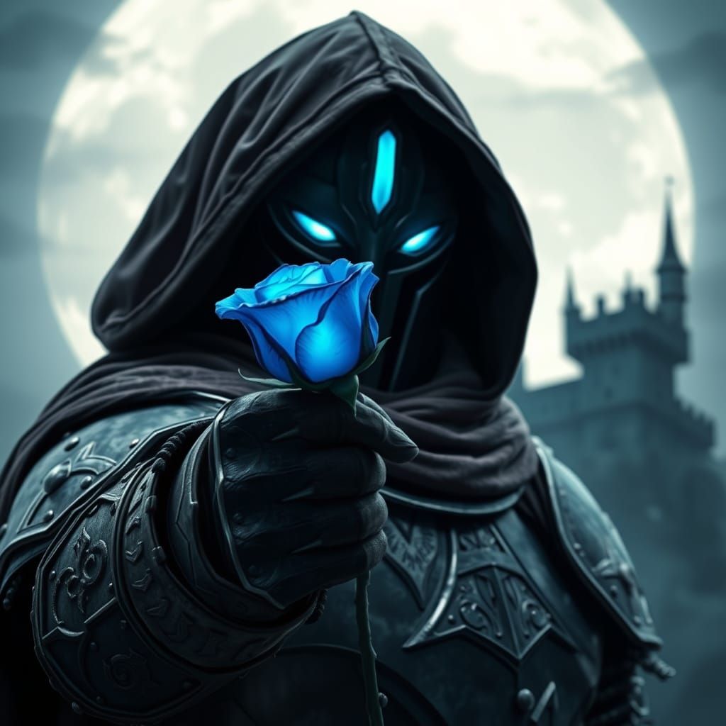 Moonlit Warrior Offers Rose in Sinister Castle Shadows