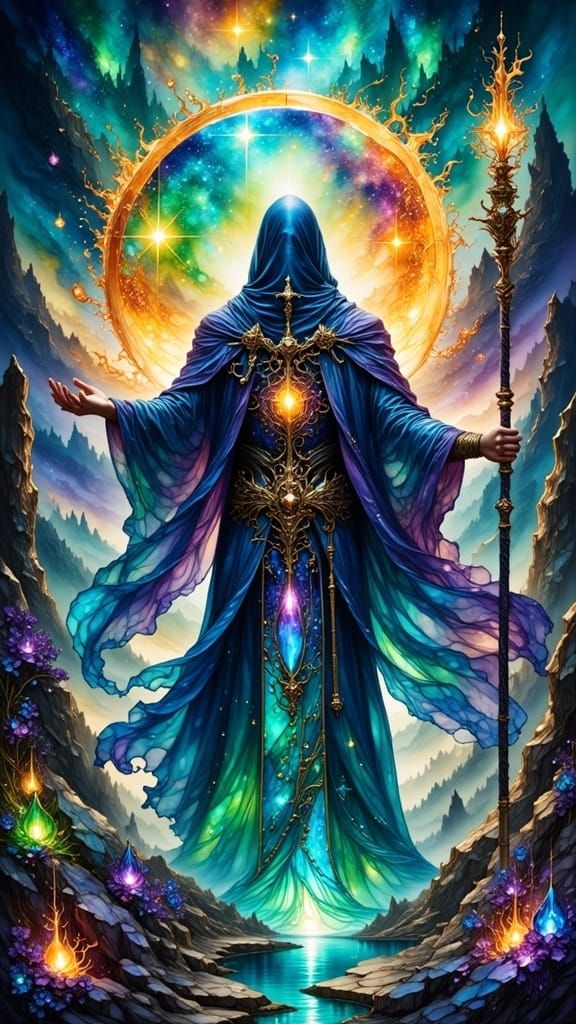 Majestic Protection Mage in Ethereal Cosmical Landscape