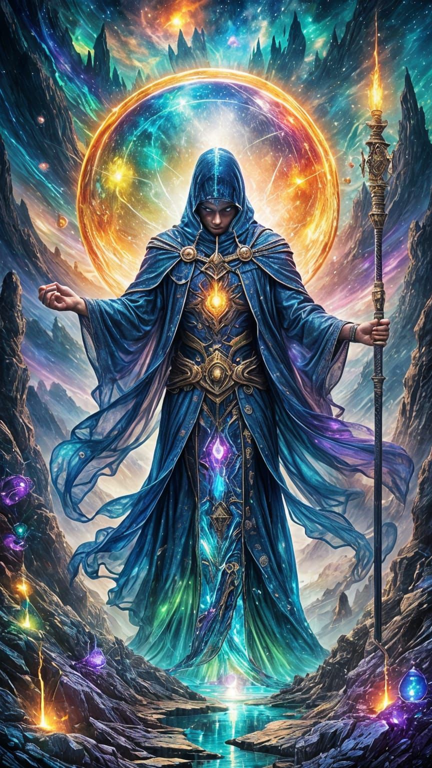 Ethereal Mage Conjures Shimmering Cosmic Shield in Epic Fant...