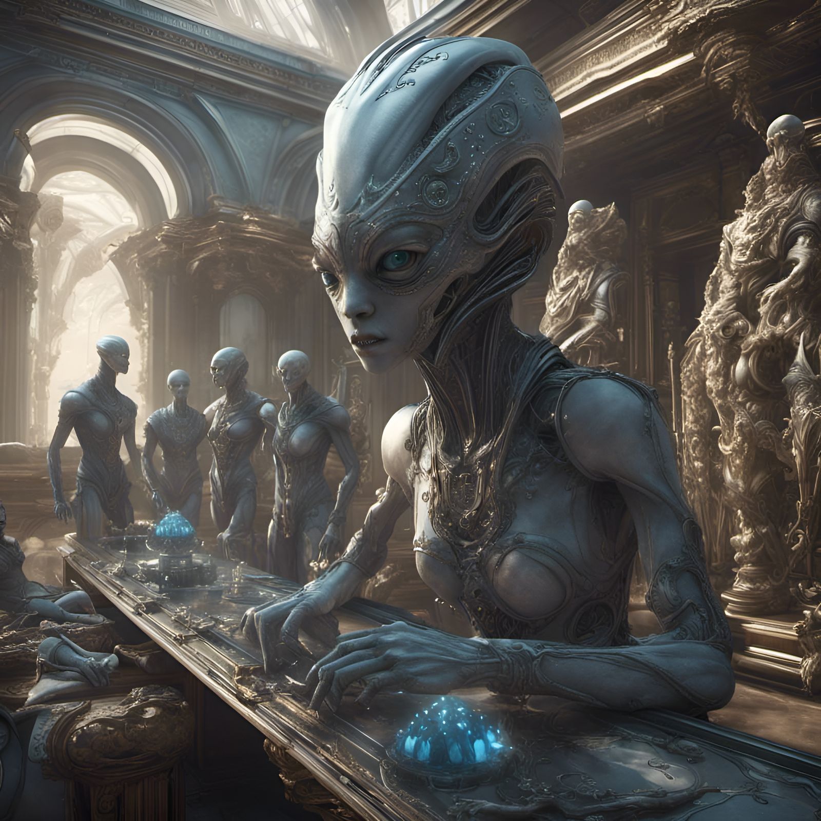 Dreamlike Alien Socializing in Hyperrealistic Detail