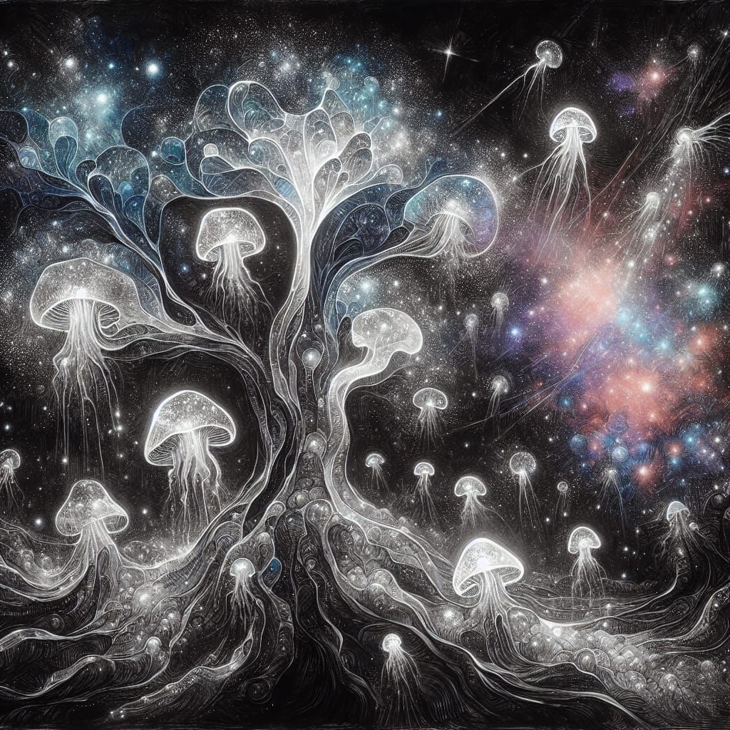 Crystal Jellyfish Tree in Psychedelic Abstract Expressionism