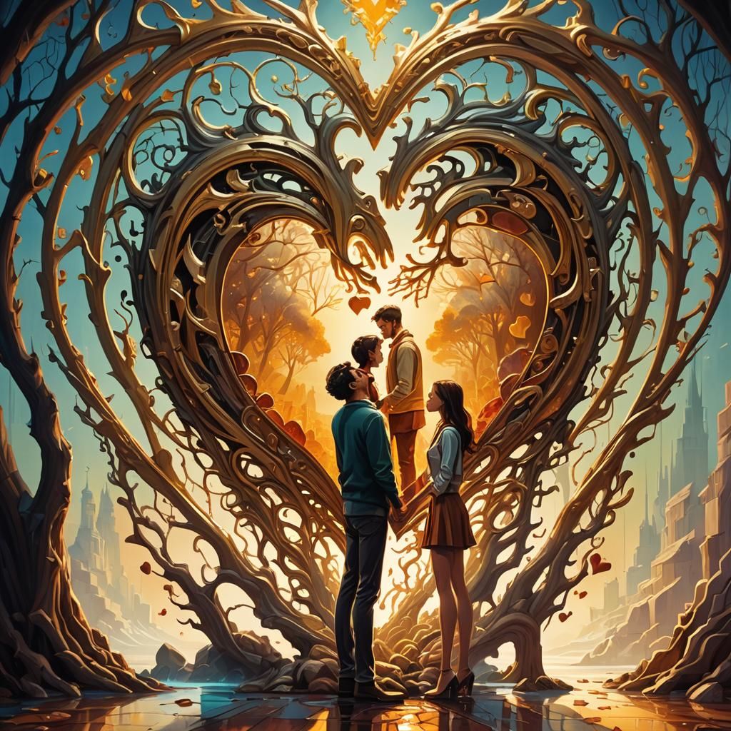 Romantic Couple Before Heart Sculpture in Dreamy Oil Paintin...