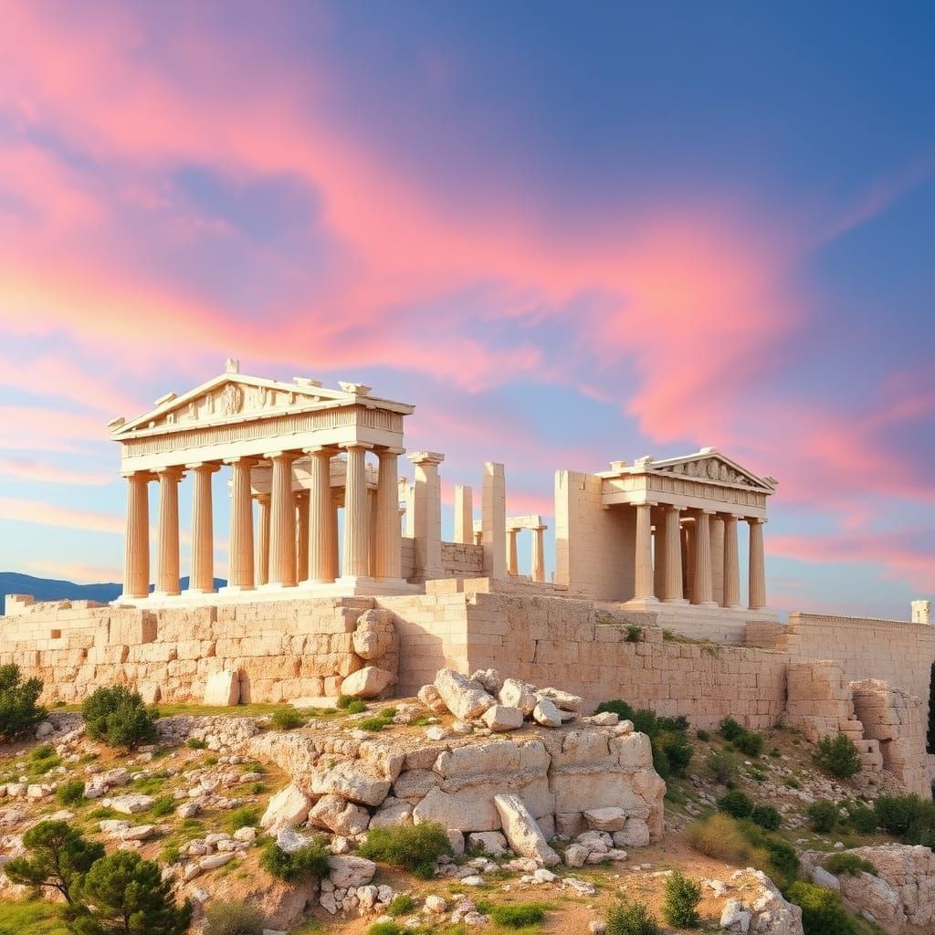 Ancient Greek Citadel in Classical Style on Limestone Hill
