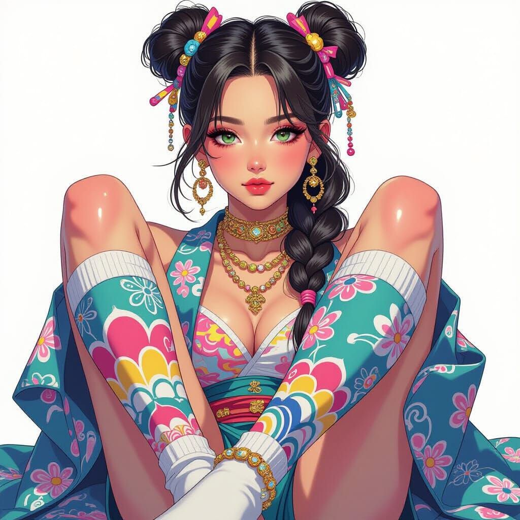 Stunning Woman on Socks in Vibrant Futuristic Style