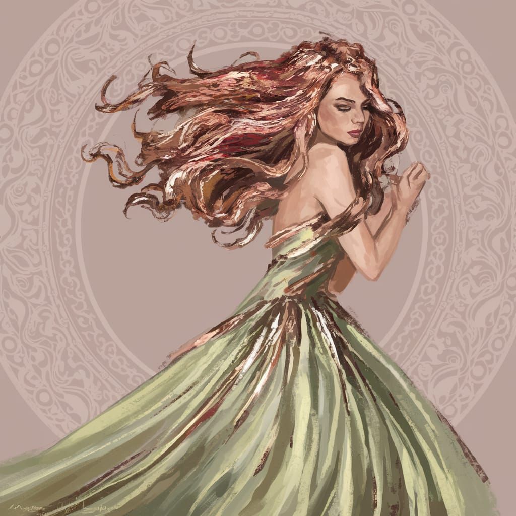 Mystical Goddess in Copper Hair and Filigree Gown