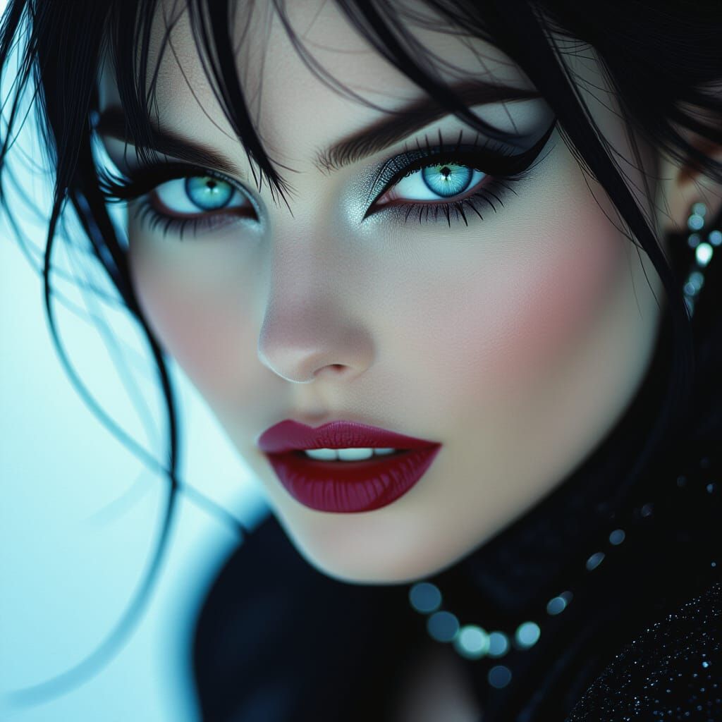 Gothic Cyberpunk Woman with Piercing Blue Eyes