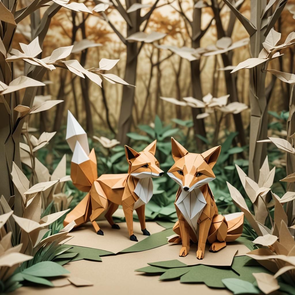 Origami Fox and Cub in Forest Glade