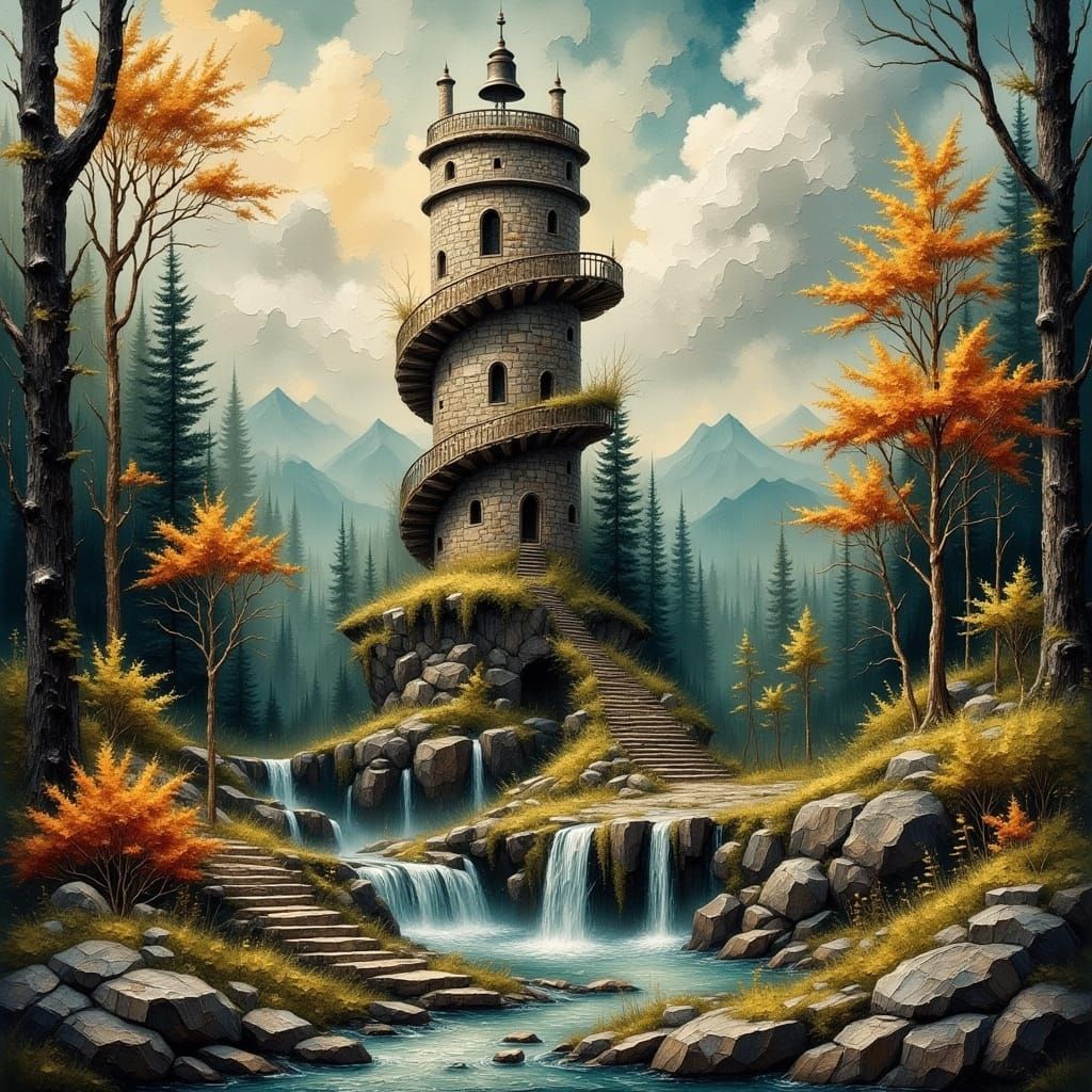 Stone Tower with Clockwork in Forest, Impasto Style