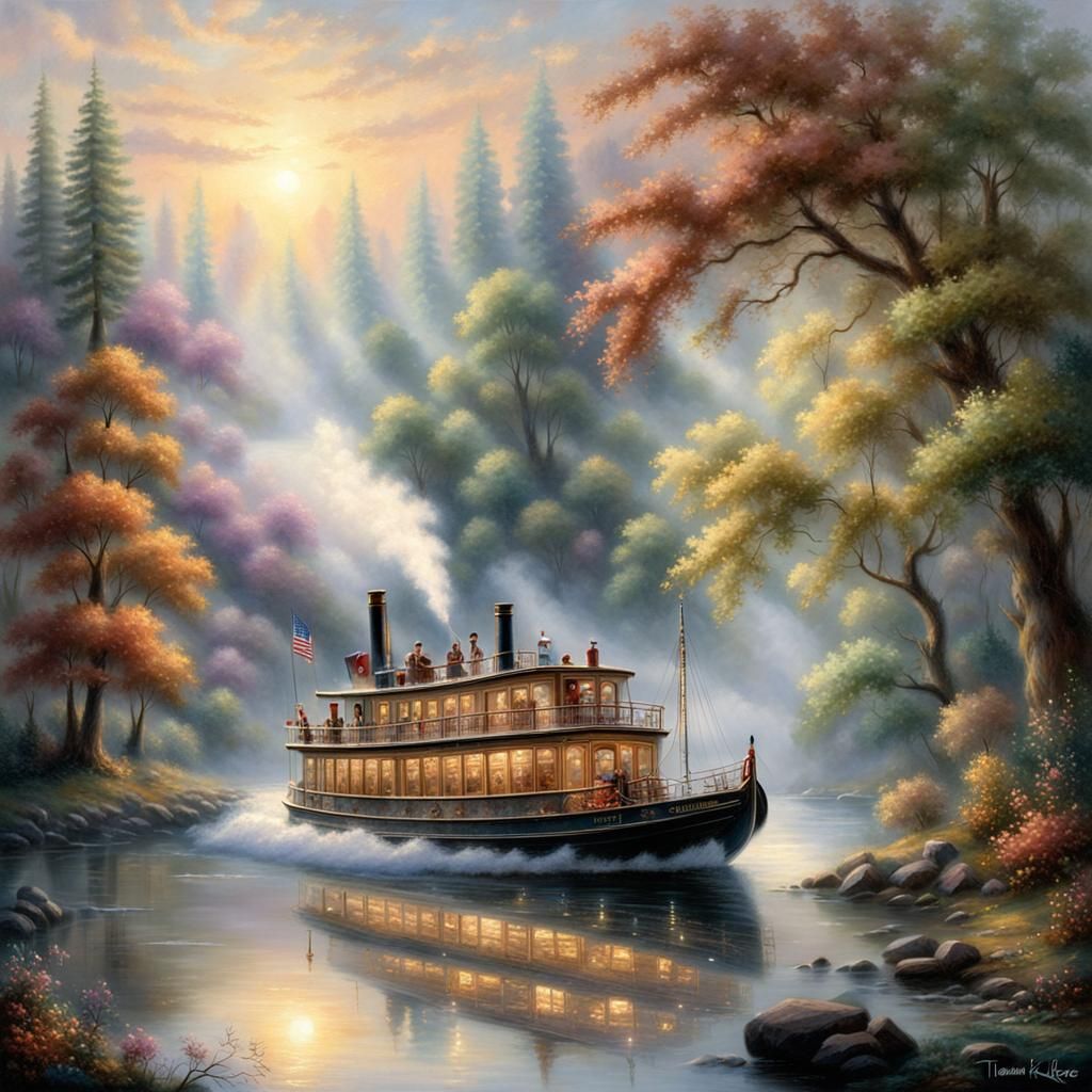 Steamboat on River: Ethereal Fantasy in Kinkade Style
