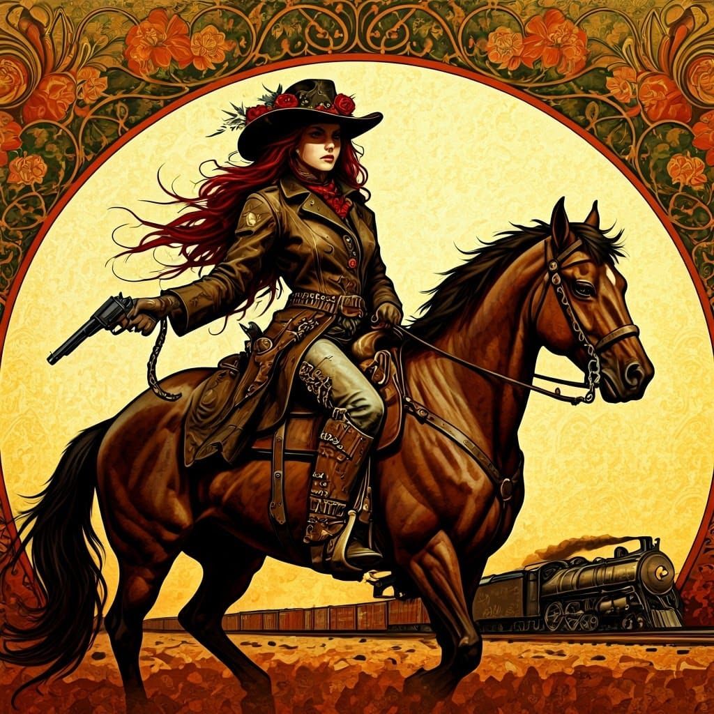 Bandit Cowgirl Rides the Rails in Art Nouveau Style