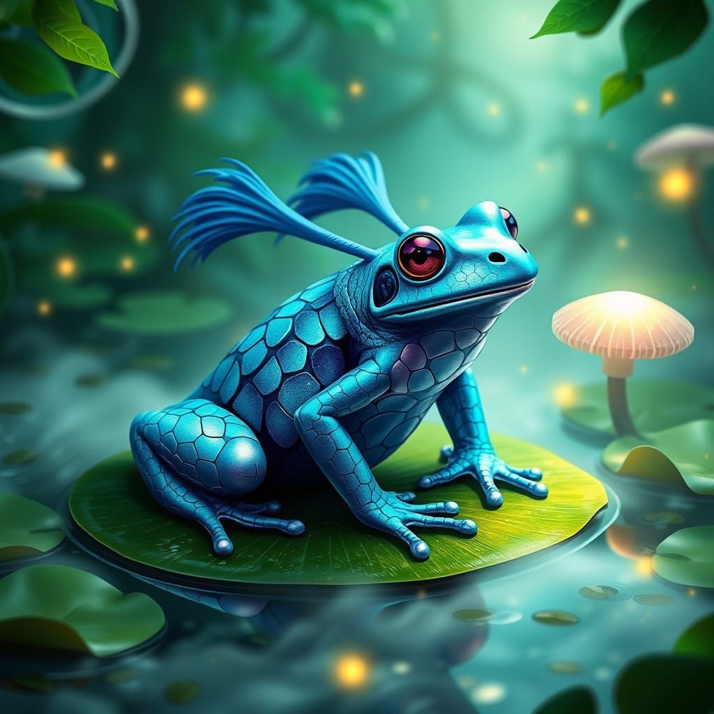 Vibrant Electric Blue Frog in Dreamlike Environment with Eme...