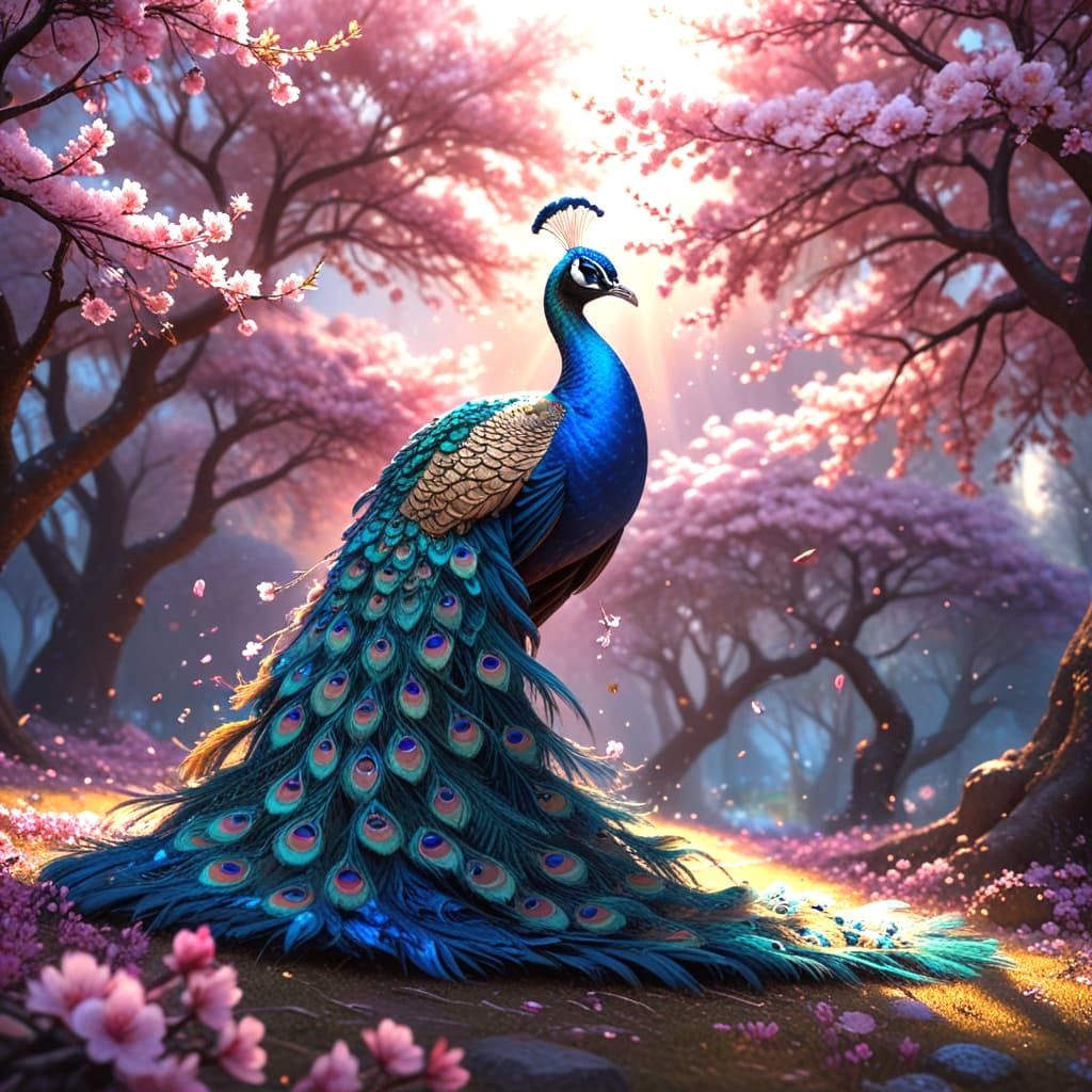 Peacock in Cherry Blossom Japanese Landscape, Digital Art