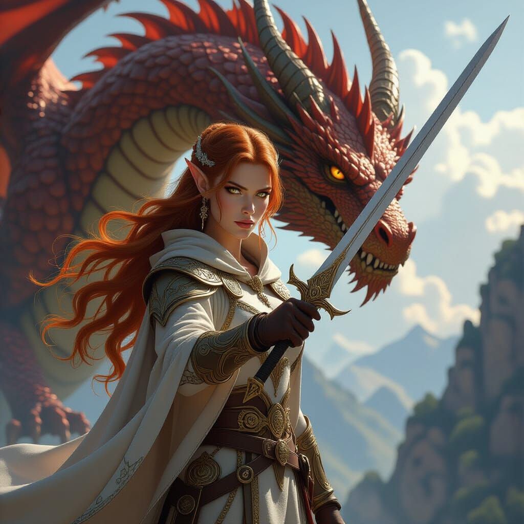 Elven Warrior Confronts Dragon in Art Nouveau Style
