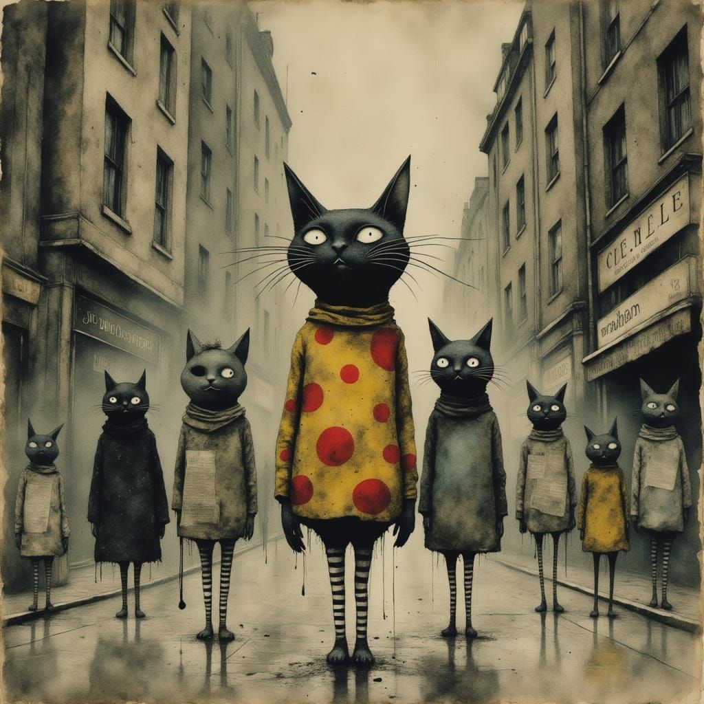 Whimsical 3D Cat with Tall Legs in Street Camera Angle