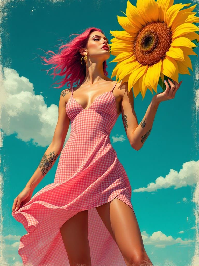 Woman Holds Giant Sunflower in Bold Art Deco Style